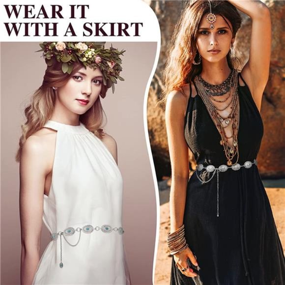 2 Pcs Flower Turquoise Concho Chain Waist Belt Silver Metal Western Chain Belts main image 5